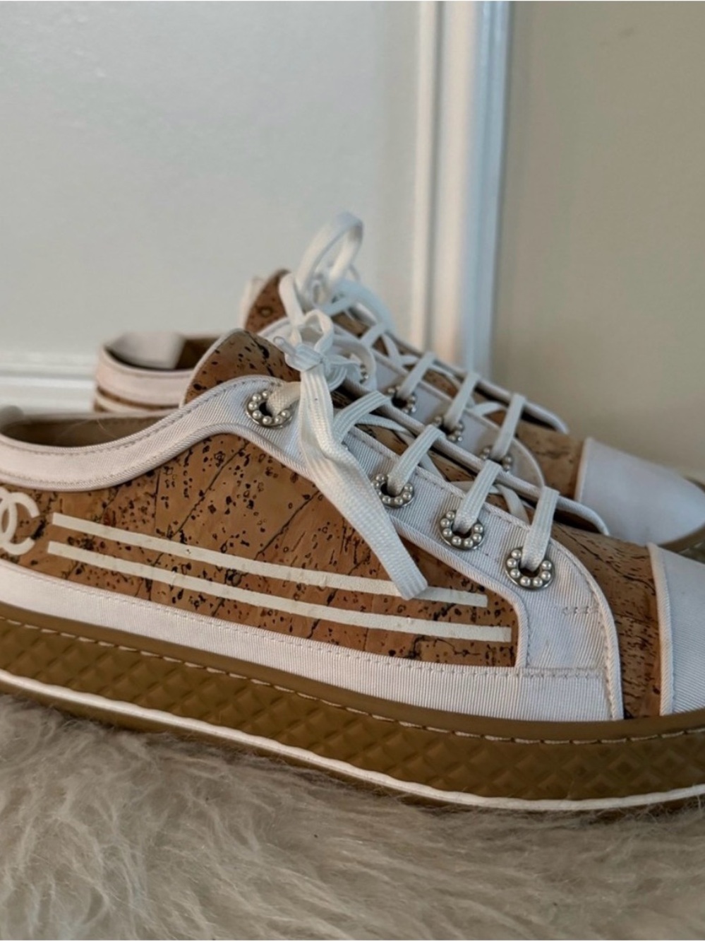 CHANEL Cork Low-Top Sneakers with White Trim and Pearl Eyelets